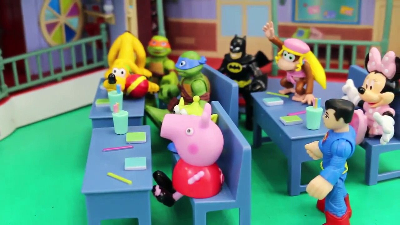 Peppa Pig Classroom with Mickey Mouse Ninja Turtles Batman Superman Daddy Pig and Mater
