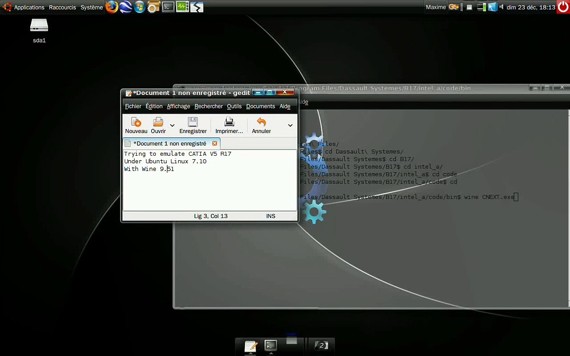 Trying to launch CATIA V5 under Ubuntu Linux 7.10 with Wine