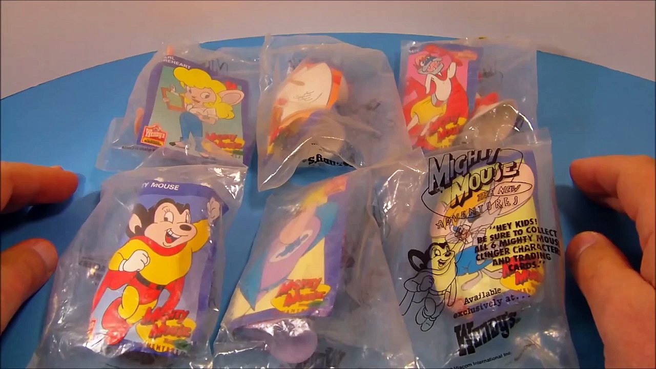 1989 WENDY'S THE NEW ADVENTURES OF MIGHTY MOUSE SET OF 6 KIDS MEAL TOY'S VIDEO REVIEW