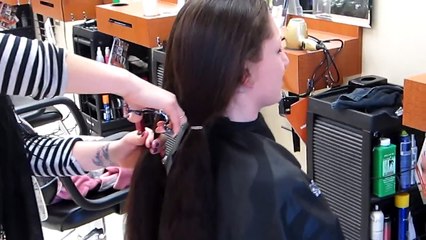 haircut on long curly  hair on brunette  to short frankie sandford style