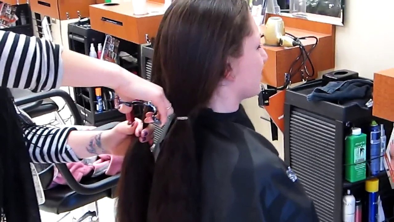 haircut on long curly  hair on brunette  to short frankie sandford style