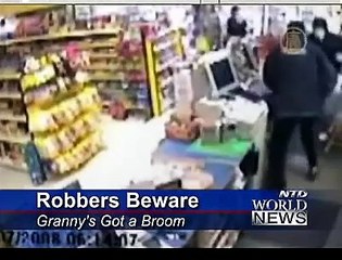 Granny with a Broom Brushes off Robbers