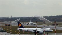 First American Airlines Boeing 767 Flight To Düsseldorf. Double Water Canon Salute (HD)