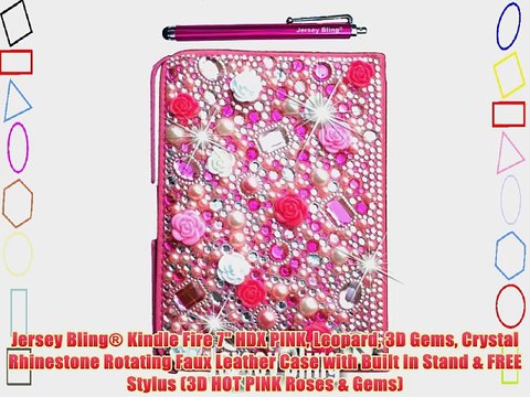 Jersey Bling? Kindle Fire 7 HDX PINK Leopard 3D Gems Crystal Rhinestone Rotating Faux Leather