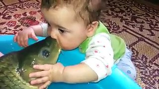 Funny Baby kiss Crazy Fish