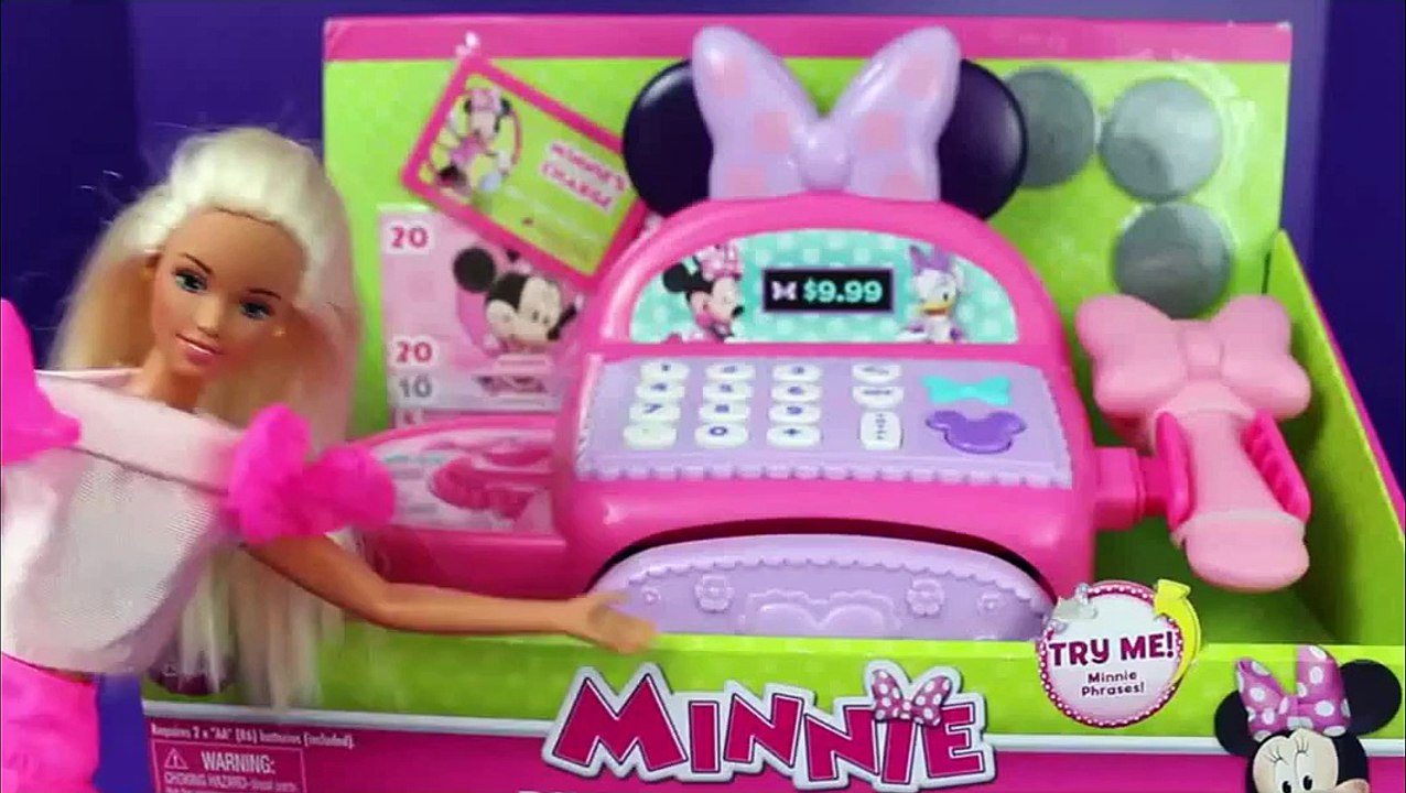 Barbie Shopping with Minnie Mouse Bowtique Cash Register Barbie Clothes Parody DisneyCarToys