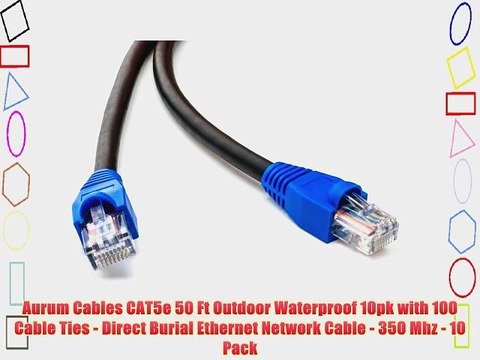 Aurum Cables CAT5e 50 Ft Outdoor Waterproof 10pk with 100 Cable Ties - Direct Burial Ethernet