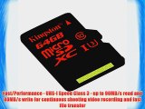 Kingston Digital 64GB microSDXC UHS-I Speed Class 3 U3 90R/80W Flash Memory Card with Adapter