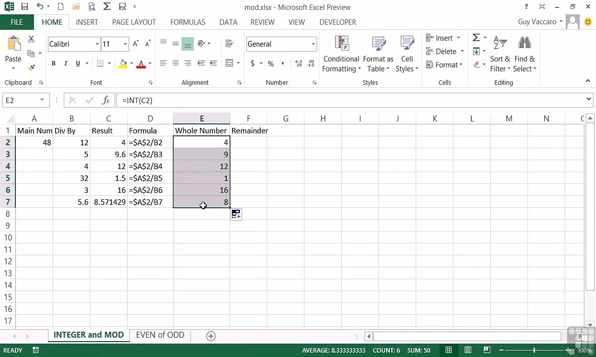 MS Excel MOD And INT Functions And Uses - 06-05