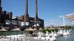 VW Autostadt beach lounge bar with factory in back ground.