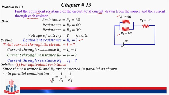 13.3: Find the equivalent resistance of the circuit, total current drawn from the source and the current through each resistor.