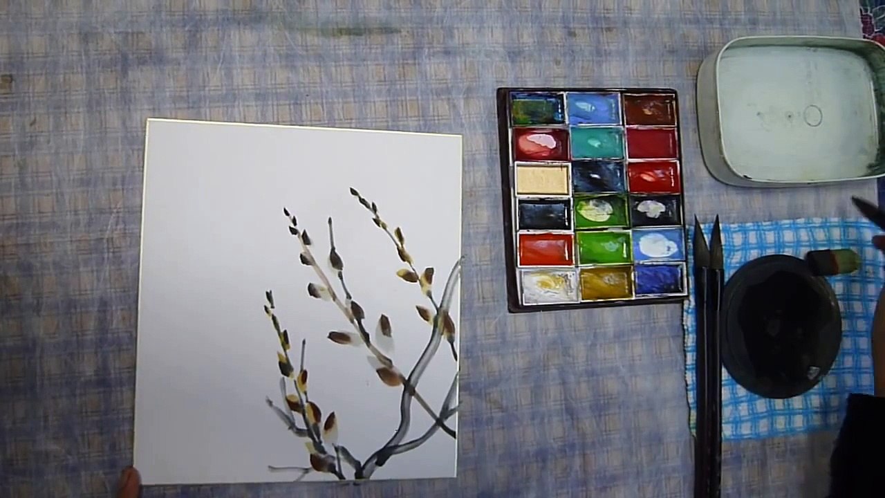 水墨画（sumi-e）ネコヤナギの描き方動画