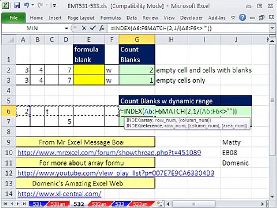 Excel Magic Trick 532: Count Blanks In Dynamic Range INDEX MATCH COUNTBLANK functions