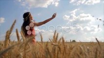 Young Beautiful Woman Beauty Dress Wheat Field Worship Pose Religion Health HD. Stock Footage