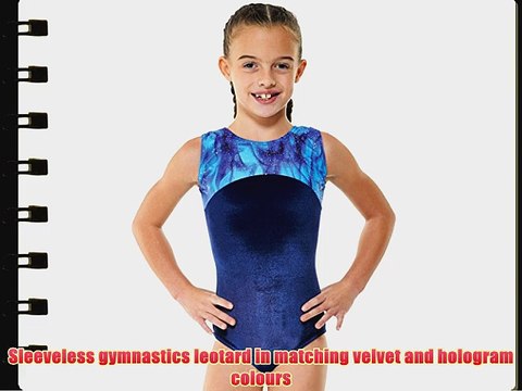 Gymnastics Leotard Sleeveless Gym Wear Navy Blue Velvet with Hologram Yoke Stripe By DCUK ?