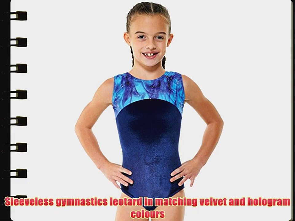 Gymnastics Leotard Sleeveless Gym Wear Navy Blue Velvet with Hologram Yoke Stripe By DCUK ?
