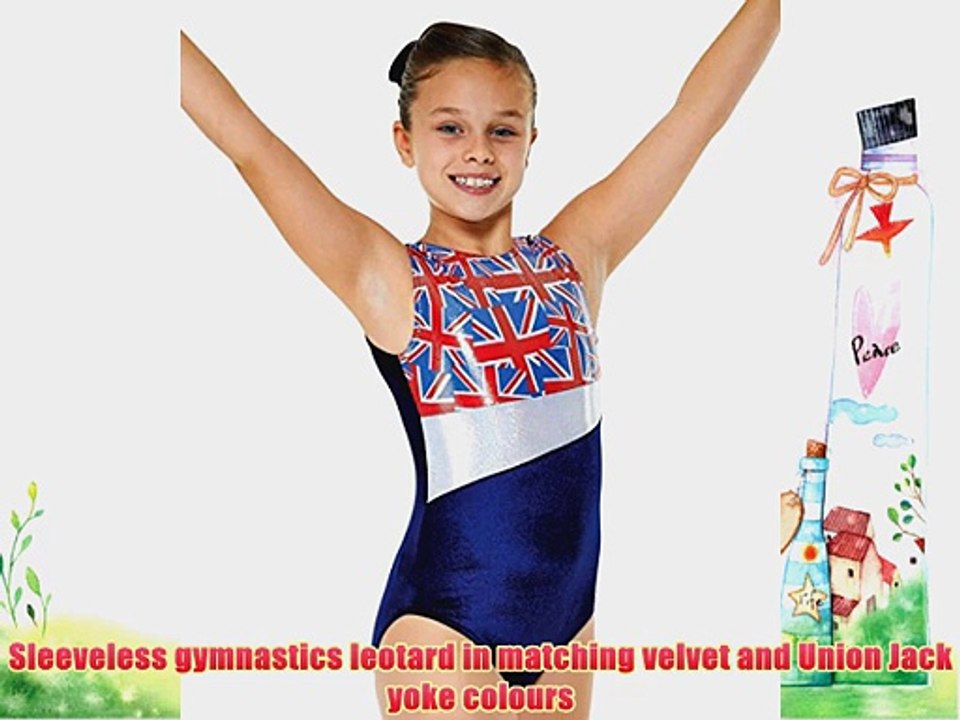 Gymnastics Leotard Sleeveless Gym Wear Navy Blue Velvet with Union Jack Yoke Stripe By DCUK