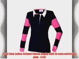 Front Row Ladies Striped Sleeve Rugby Shirt in navy and bright pink - L(14)