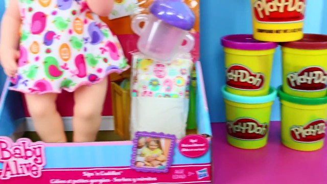 Baby Alive Sips 'n Cuddles Newborn Baby Doll Gets Play Doh Hair & Sticker Bottle DisneyCarToys