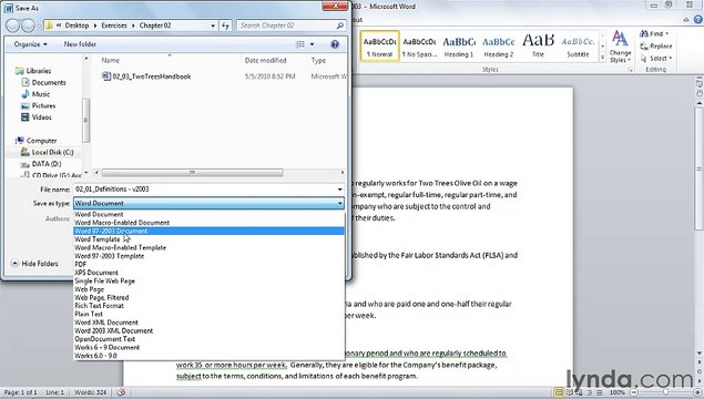 MS Word Managing documents with Backstage view