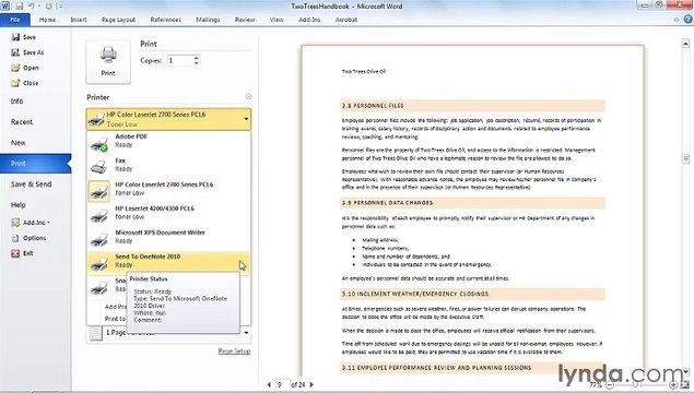 MS Word Printing a document and choosing a printer