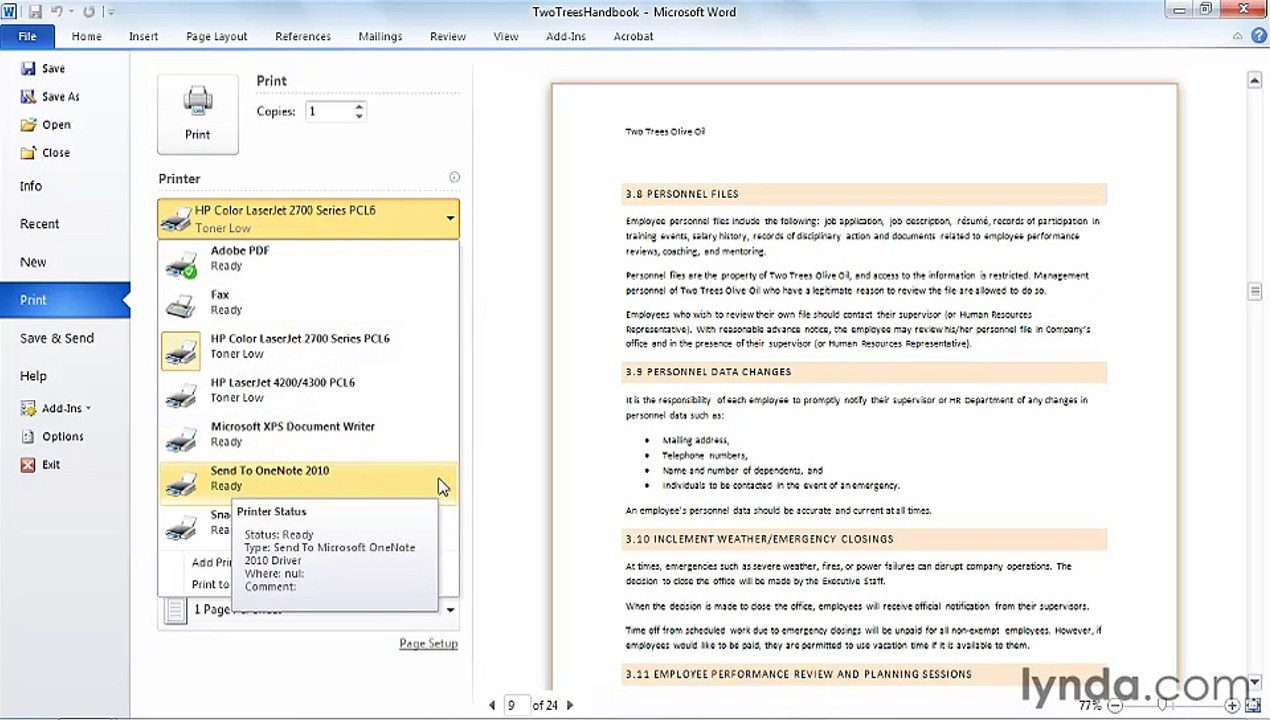 MS Word  Printing a document and choosing a printer