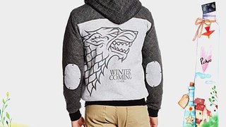 Game Of Thrones Stark Embroidered Logo Mens Grey Fur Hooded Zip-Up Hoodie Sweatshirt | M