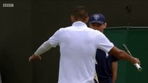 Tennis player Kyrgios hugs ball boy during Wimbledon 2015