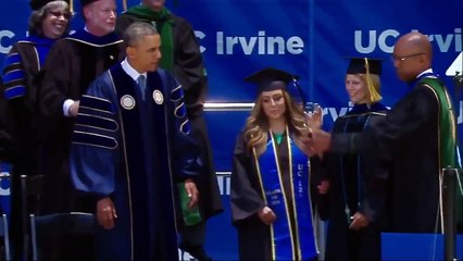Obama throwing up the horns - Baphomet...at UC Irvine with graduates