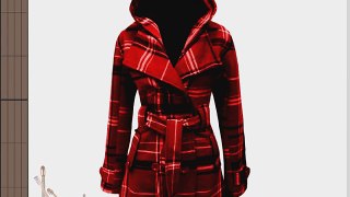The Orange Tags Ladies Belted Button Military Check Coat Womens Hooded Winter Jacket Red Check
