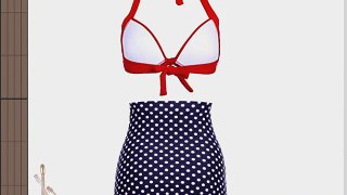 High Waist Retro Bikini Swimsuit Swimwear with Dark Blue Polka Dot Bottom and Red TopWay Wearing