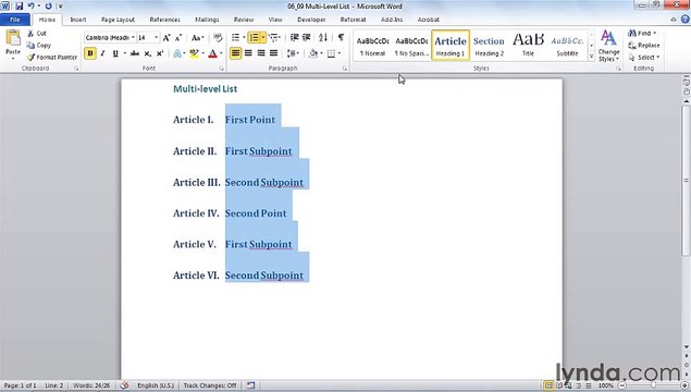 MS Word Creating a multilevel list using styles