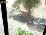 Crazy Hail Storm... And Crazy Guy Trying To Protect His Car
