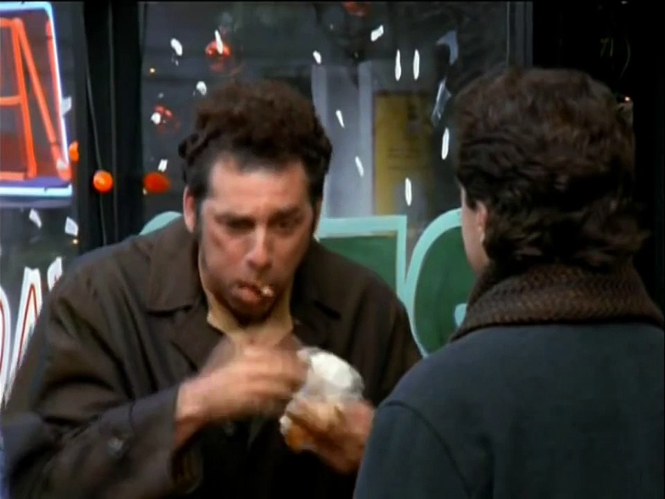 Seinfeld - Blooper: Kramer stuffing his mouth with a pretzel roll