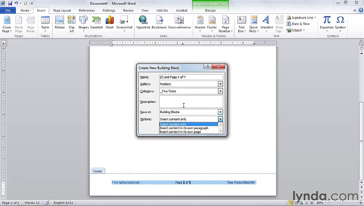 MS Word Creating and saving custom headers and footers