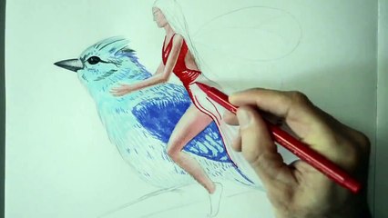 Cómo dibujar un hada y pájaro azul con marcadores - Arte Divierte.