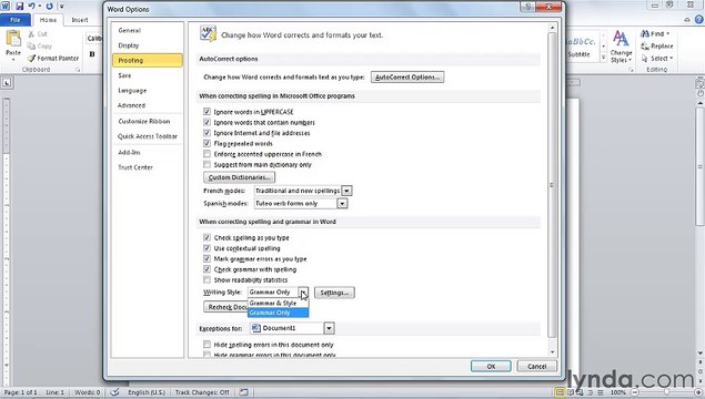 MS Word Setting proofing and AutoCorrect options