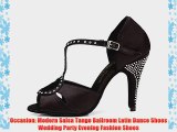 Minitoo Ladies Stiletto Heel Black Satin T-strap Sandals Latin Dance Shoes 2 M UK