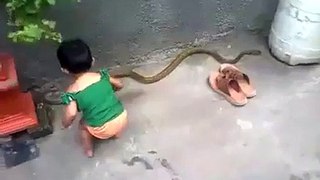 1 year old kid playing with snake watch video.