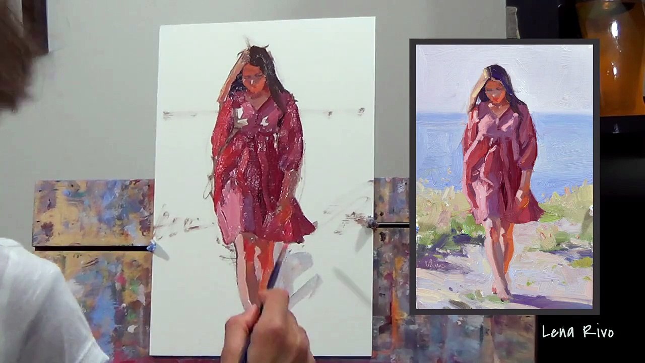 "Girl in a Red Dress" - alla prima oil painting demo by Lena Rivo