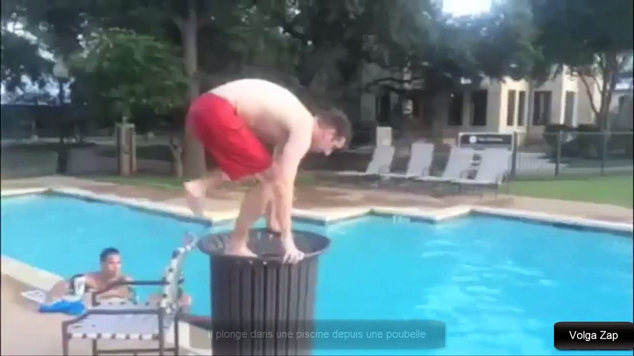 Il plonge dans une piscine depuis une poubelle
