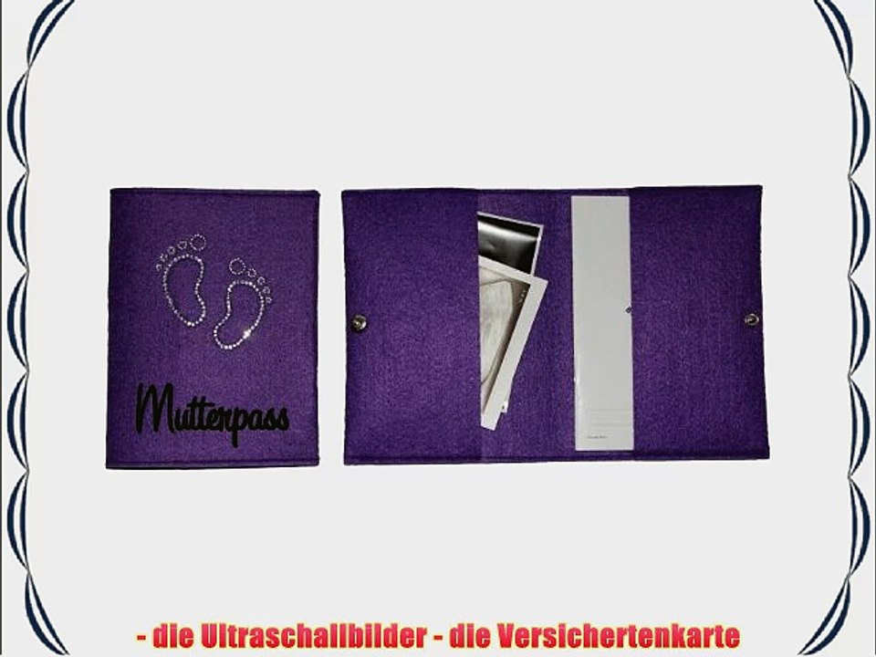 lila Mutterpass-Tasche mit Strass-Bild Baby-F??e und Flock-Schrift Mutterpass