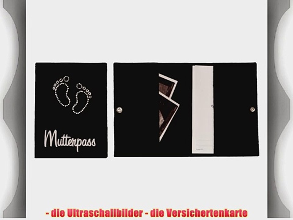 schwarze Mutterpass-Tasche mit Strass-Bild Baby-F??e und Flock-Schrift Mutterpass