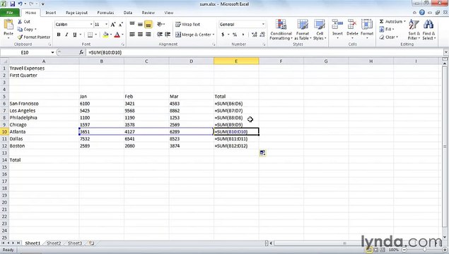 MS Excell Adding numbers using Sum and AutoSum