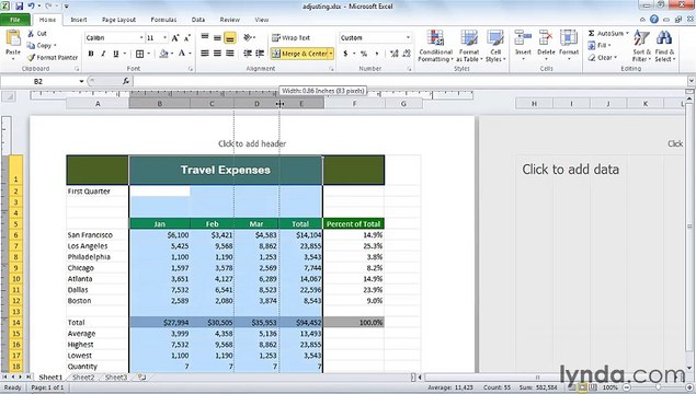 MS Excell Adjusting columns, rows, and text
