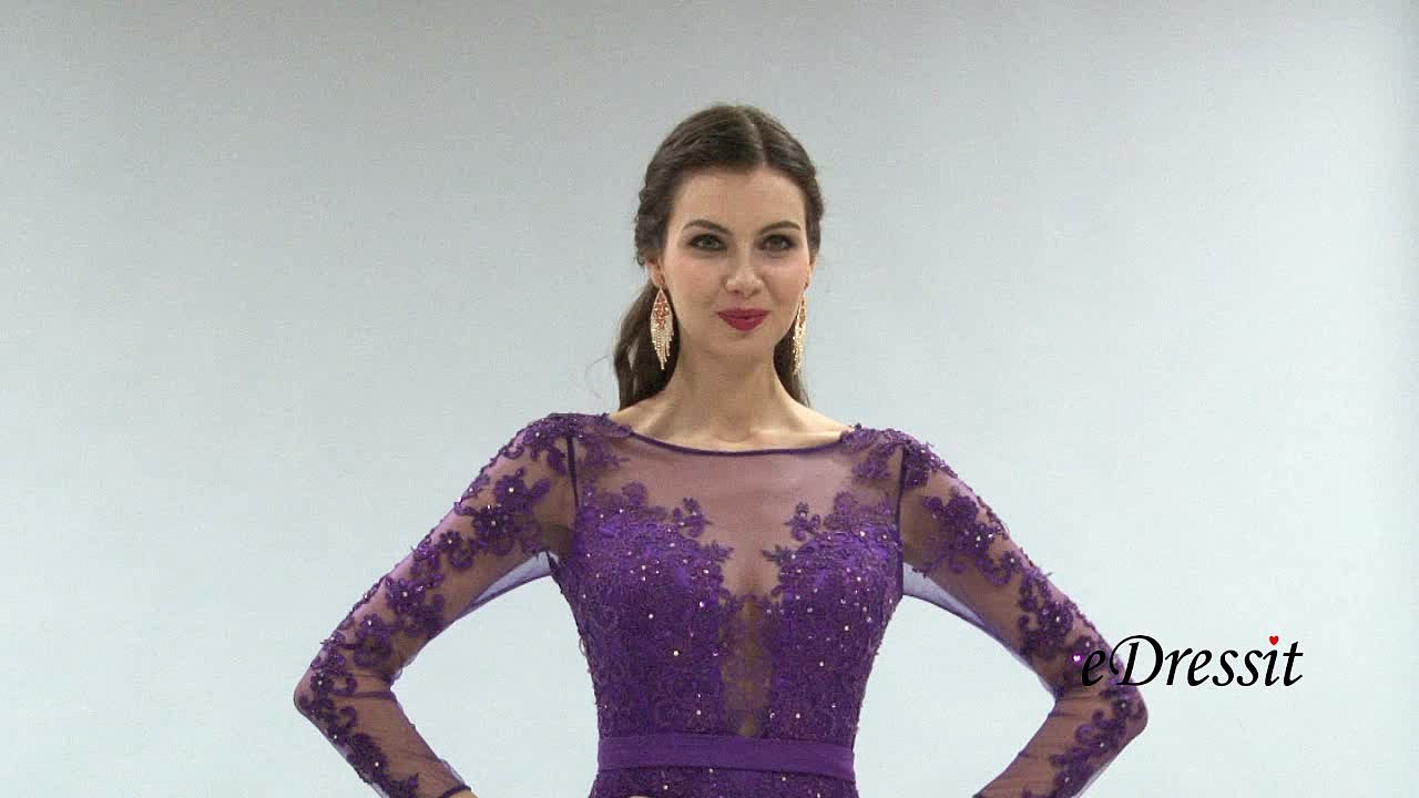Long Sleeves Applique Purple Evening Dress
