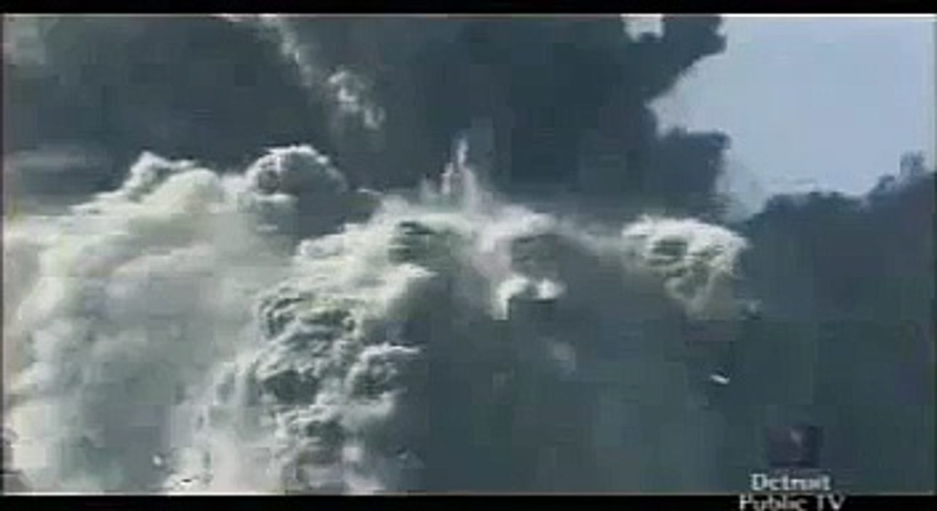 Closeup of debris hitting WTC 7 and core of WTC 1