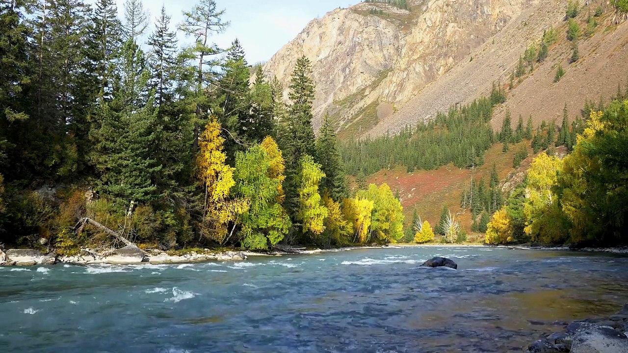 4K Long Duration Scenery Footage Mountain River and Road in Autumn 10min