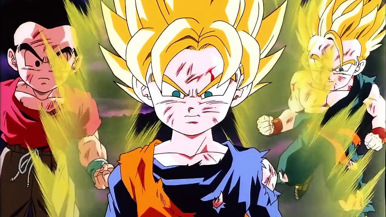 Krillin goes Super Saiyan as Krillin, Goten & Trunks use Multiple
