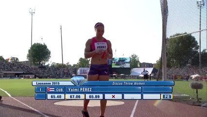 lancer du disque F  – DL Lausanne 2015 (Sandra Perkovic battue par Yaime Pérez à 66m13)